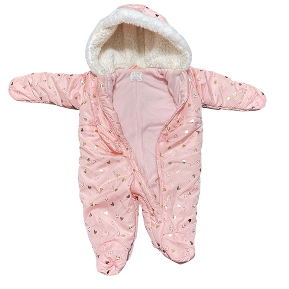 The Children’s Place Baby Snowsuit 3-6M Pink Hooded Bunting Mittens Winter - Picture 2 of 7